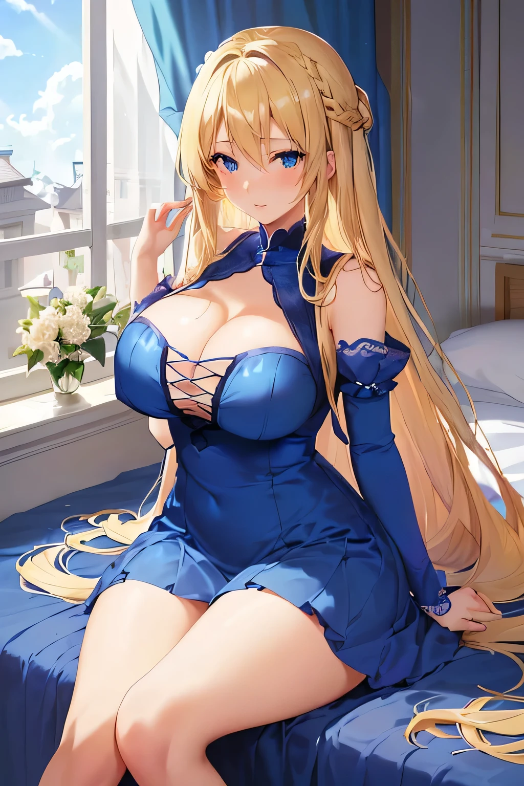 Anime Girls in blue dress sitting on bed with blue eyes, seductive Anime Girls, , attractive Anime Girls, , beautiful Anime Girls, Beautiful and attractive anime , Beautiful and attractive anime woman, Anime Best Girl, blonde Anime Girls with long hair, have large breasts, cute Anime Girls, Anime Girls, Big Breasts!