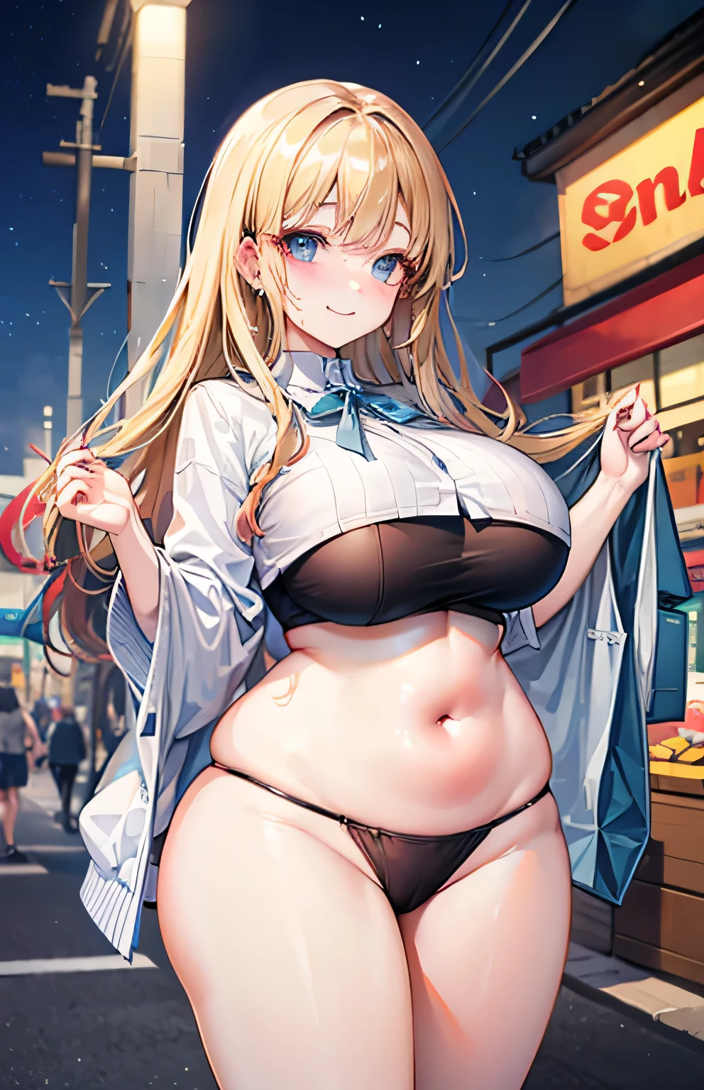Anime illustration、highest quality、Plump blonde gal high school girl、Shopping Street、Sweaty、first round、Belly button piercing、Perfect proportions、Clear skies、overwhelmingly big breasts、very thick thighs、Beautiful, shining eyes、Cowboy Shot、smile、Noise Reduction
