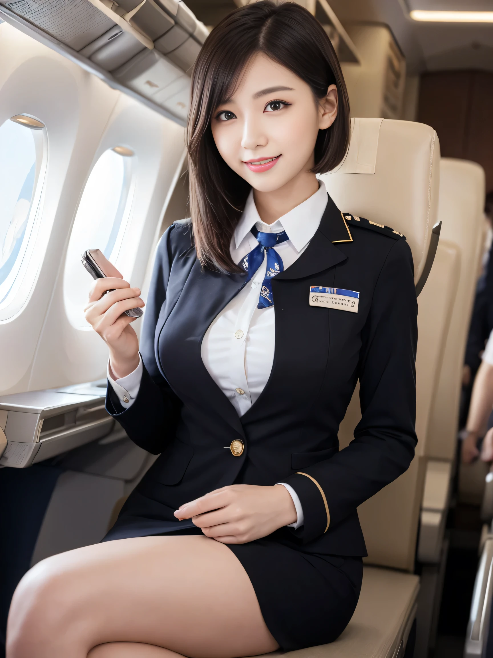 1 female, 16 years、Very detailed顔、Lip details、Detailed eyes、(Black bob hair)、(Stewardess Uniform:1.2)、(Attractive body)、(Big Breasts)、smile、Thighs Thighs Thighs, that's right, Perfect Image Realism, With background: (Business class aisle on airplane:1.2), Cowboy Shot, Detailed Background, Attention to detail in the costumes, Perfect lighting、Hyperrealism、(Photorealistic:1.4)、Maximum resolution 8K, (masterpiece), Very detailed, Professional