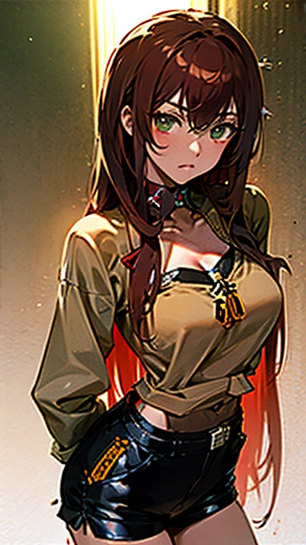 masterpiece, Best quality, Makise Kurisu,in a beige sweatshirt with a zipper and a white shirt with a black tie, black tight short shorts, black tights, red long hair, green eyes, big breasts, big hips