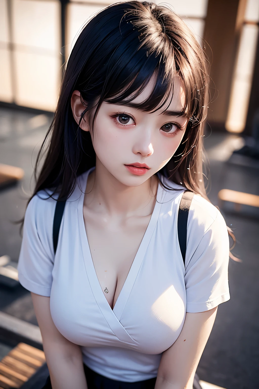 (1 nogizaka girl,raw photo,photo realistic:1.5),(best quality, high quality,HDR, highest quality,ultra high resolution,high resolution,high res,ultra high difinition,huge file size,8K,2K wallpaper,8K wallpaper,high quality texture,amazing,an extremely delicate:1.4),one girl, Japanese famous idol,beautiful face,small face,absurd,ridiculous,incredibly ridiculous,portrait,breasts close up,blurry background,(gym uniform,cleavage,no makeup:1.2),medium skin,beautiful skin,detailed skin,small head,black hair,silky hair,(Japanese eyes,kamaboko eyes:1.5),detailed eyes,black eyes,Japanese idol eyes,Japanese nose,5-fingers,(eyebrow:-0.5),(Light Particles, Lens Flare, Luminous Particles: 0.7),looking at viewer,bright lighting,professional lighting,girl