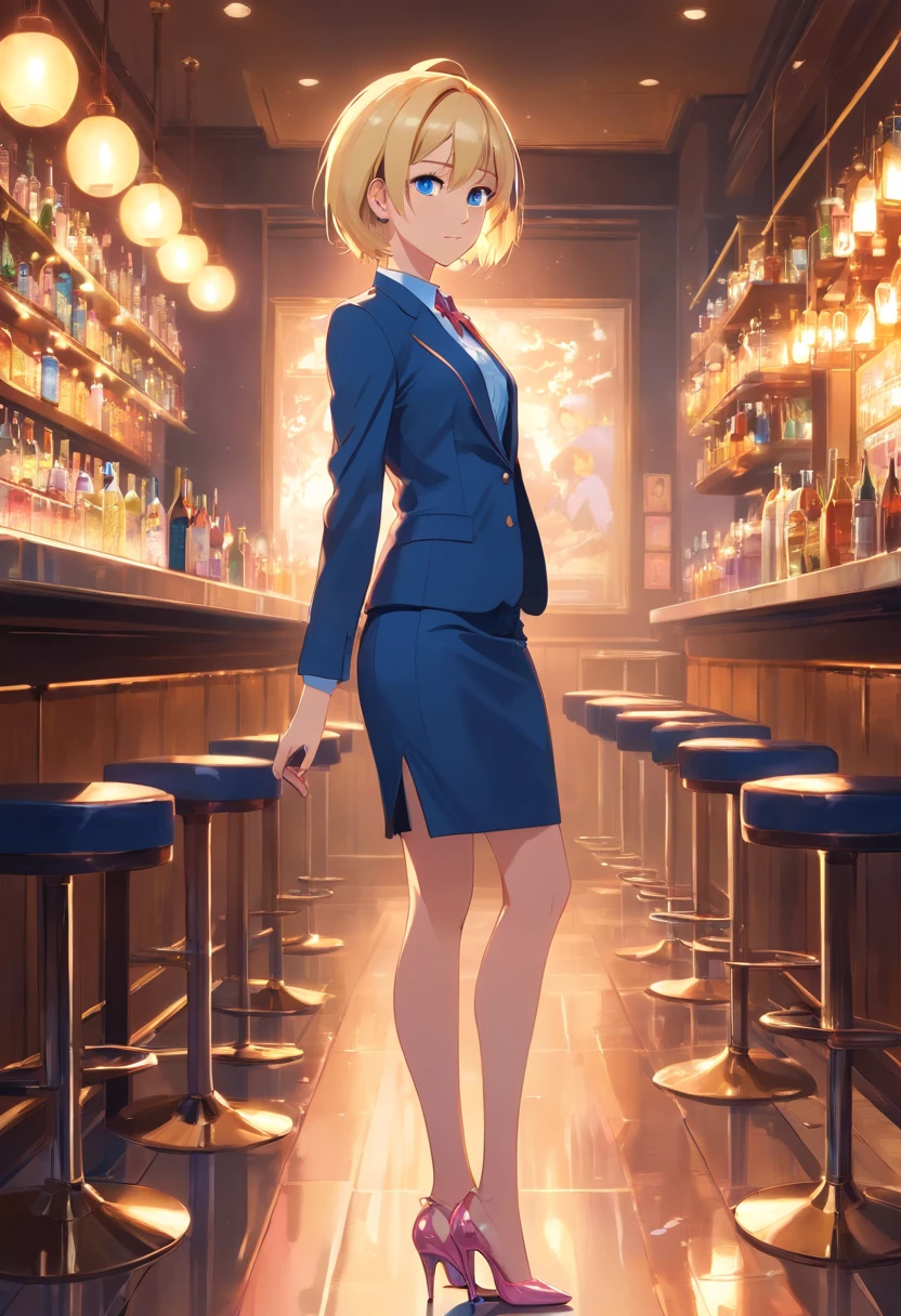 17 years old Women, ((Blonde)), ((Blue eyes)), ((Short hair)), ((Full shot)), very detailed makeup, pale pink lipstick, long earrings, bare shoulders and jewelry necklace,Tailored suit with pencil skirt, short jacket and high heels, in a bar wet floor