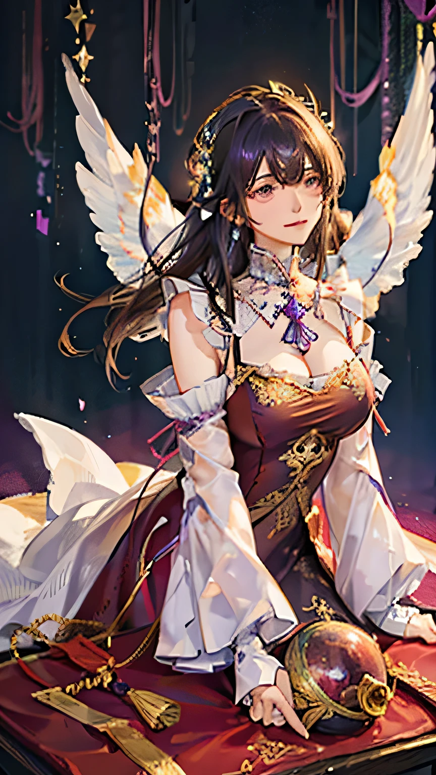 (highest quality, High resolution), Glowing Eyes, Delicate facial features, Vibrant colors, Dreamy atmosphere, Fantasy Theme, Floral Background, Graceful Movement, Detailed clothing, loose fitting dress, Elegant fashion, Magic lighting, Mysterious Aura, Heavenly Beauty, Magic thread, Whimsical elements,Big Breasts、Red attire、Colorful costumes、lingerie、Purple outfit