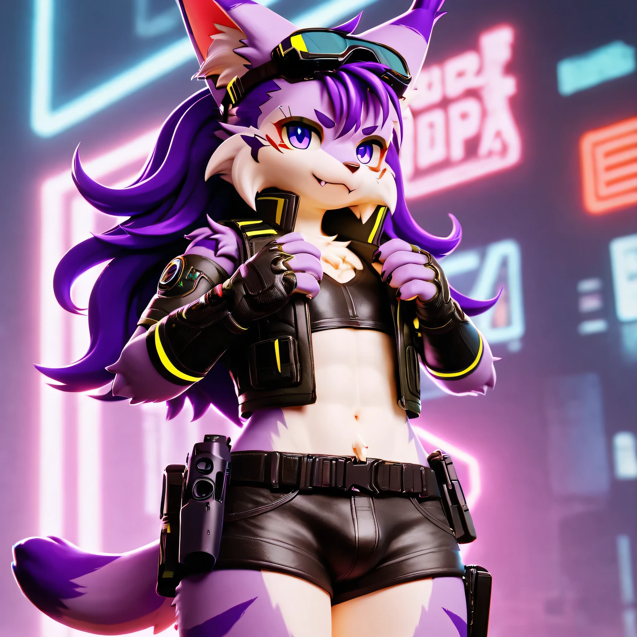 score_9,score_8_up,score_7_up, Lynx, purple fur, purple eyes, anthro, ((long hair)), wavy hair, purple hair, eyeliner, eyelashes, black eyeshadow, furry art, cheeks tuft, shoulder tuft, male focus, femboy, tactical gloves, cute fangs, kemono, shota, fluffy neck, icon portrait, claws, black nails, arm warmers, :p, frown, cyberpunk jacket, evil smile, neon, cyberpunk glases, cyberpunk earphones, ((glock pistol)), navel, helmet, (goggles), crotch tuft, ((military vest)), belt, (holster), leg warmers, pink clothes, 3d, blender software, (shorts), vinyl material, nipples, erect penis underwear, covered penis, pulling down his pants, collar,