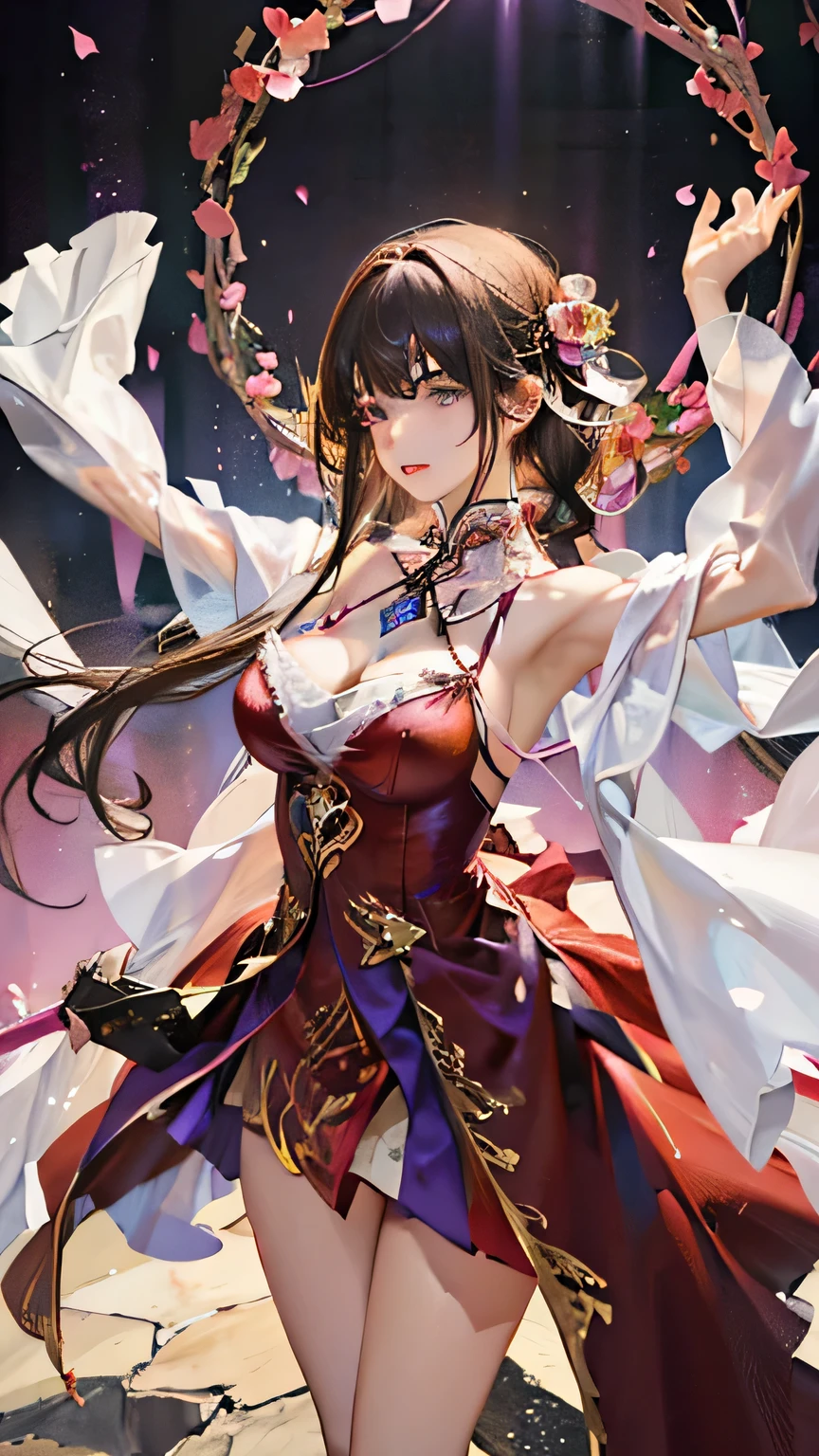 (highest quality, High resolution), Glowing Eyes, Delicate facial features, Vibrant colors, Dreamy atmosphere, Fantasy Theme, Floral Background, Graceful Movement, Detailed clothing, loose fitting dress, Elegant fashion, Magic lighting, Mysterious Aura, Heavenly Beauty, Magic thread, Whimsical elements,Big Breasts、Red attire、Colorful costumes、lingerie、Purple outfit