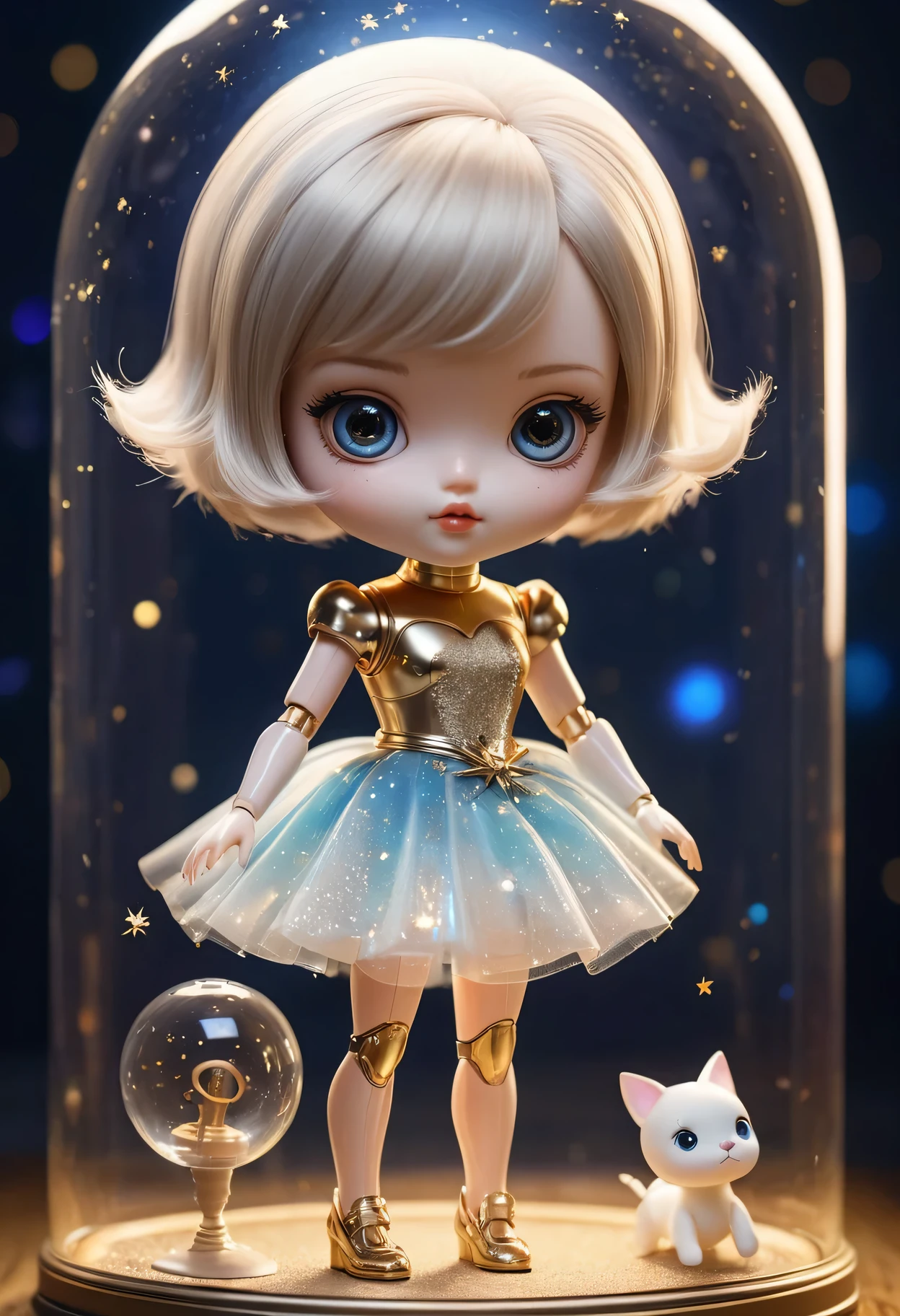 (a futuristic mechanical doll,girl in a bottle,small-sized:1.1,captured:0.9),glass,movable joints,shiny surface,beautiful detailed eyes and lips,long lashes,bionic arms and legs,short bob haircut,playful expression,sparkling dress,fluttering skirt,high-heeled shoes,golden key accessories,ethereal background,sparkling stars,soft and warm lighting,portrait style,vibrant colors,pastel tones