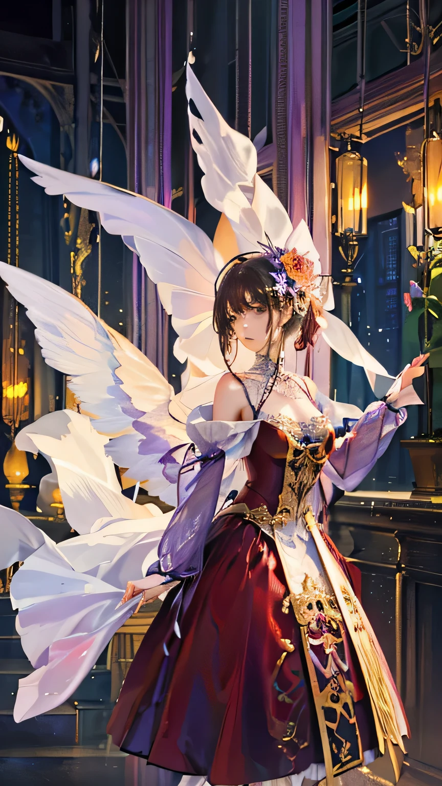 (highest quality, High resolution), Glowing Eyes, Delicate facial features, Vibrant colors, Dreamy atmosphere, Fantasy Theme, Floral Background, Graceful Movement, Detailed clothing, loose fitting dress, Elegant fashion, Magic lighting, Mysterious Aura, Heavenly Beauty, Magic thread, Whimsical elements,Big Breasts、Red attire、Colorful costumes、lingerie、Purple outfit