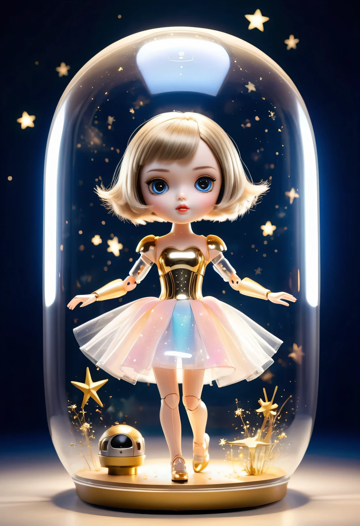 (a futuristic mechanical doll,girl in a bottle,small-sized:1.1,captured:0.9),glass,movable joints,shiny surface,beautiful detailed eyes and lips,long lashes,bionic arms and legs,short bob haircut,playful expression,sparkling dress,fluttering skirt,high-heeled shoes,golden key accessories,ethereal background,sparkling stars,soft and warm lighting,portrait style,vibrant colors,pastel tones