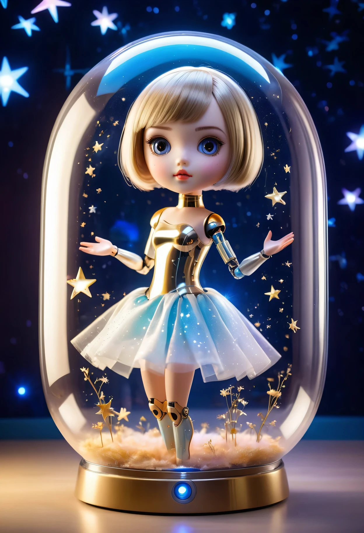 (a futuristic mechanical doll,girl in a bottle,small-sized:1.1,captured:0.9),glass,movable joints,shiny surface,beautiful detailed eyes and lips,long lashes,bionic arms and legs,short bob haircut,playful expression,sparkling dress,fluttering skirt,high-heeled shoes,golden key accessories,ethereal background,sparkling stars,soft and warm lighting,portrait style,vibrant colors,pastel tones