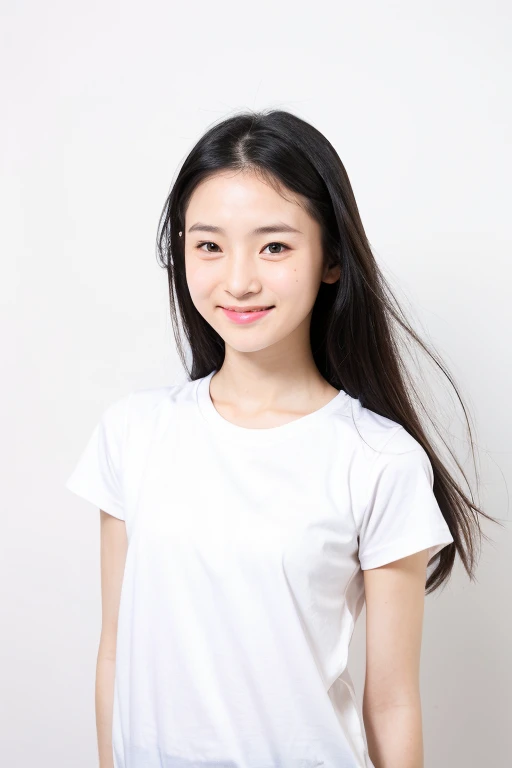 Beautiful and cute, very young Japanese woman, inorganic Snow White background, natural skin, cute smile with her mouth closed, straight long black hair, forehead visible, young-looking face, small build, short stature, white stretch T-shirt , natural skin, standing tall, full body photo, serious and honor student atmosphere, correct posture, upper body