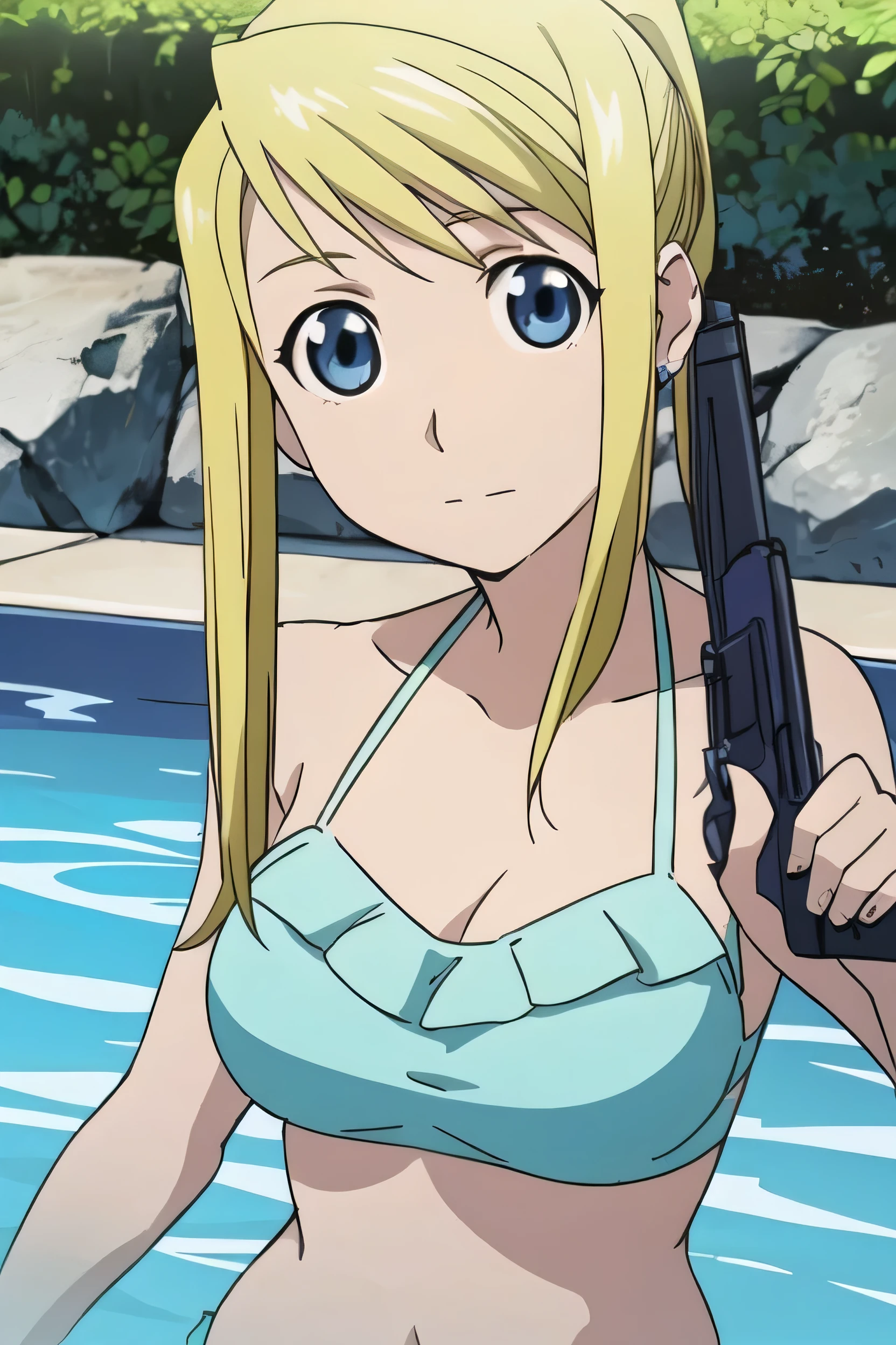 masterpiece, 最high quality, sketch, One girl, alone, View your viewers, Upper Body, Depth of written boundary, Clear lines, , Winry_rock bell, Blonde, blue eyes,Great environment, Very detailed, high quality, summer, Bright sun, Pool, bikini, Blue frilly swimsuit, Jump. Have a water gun 