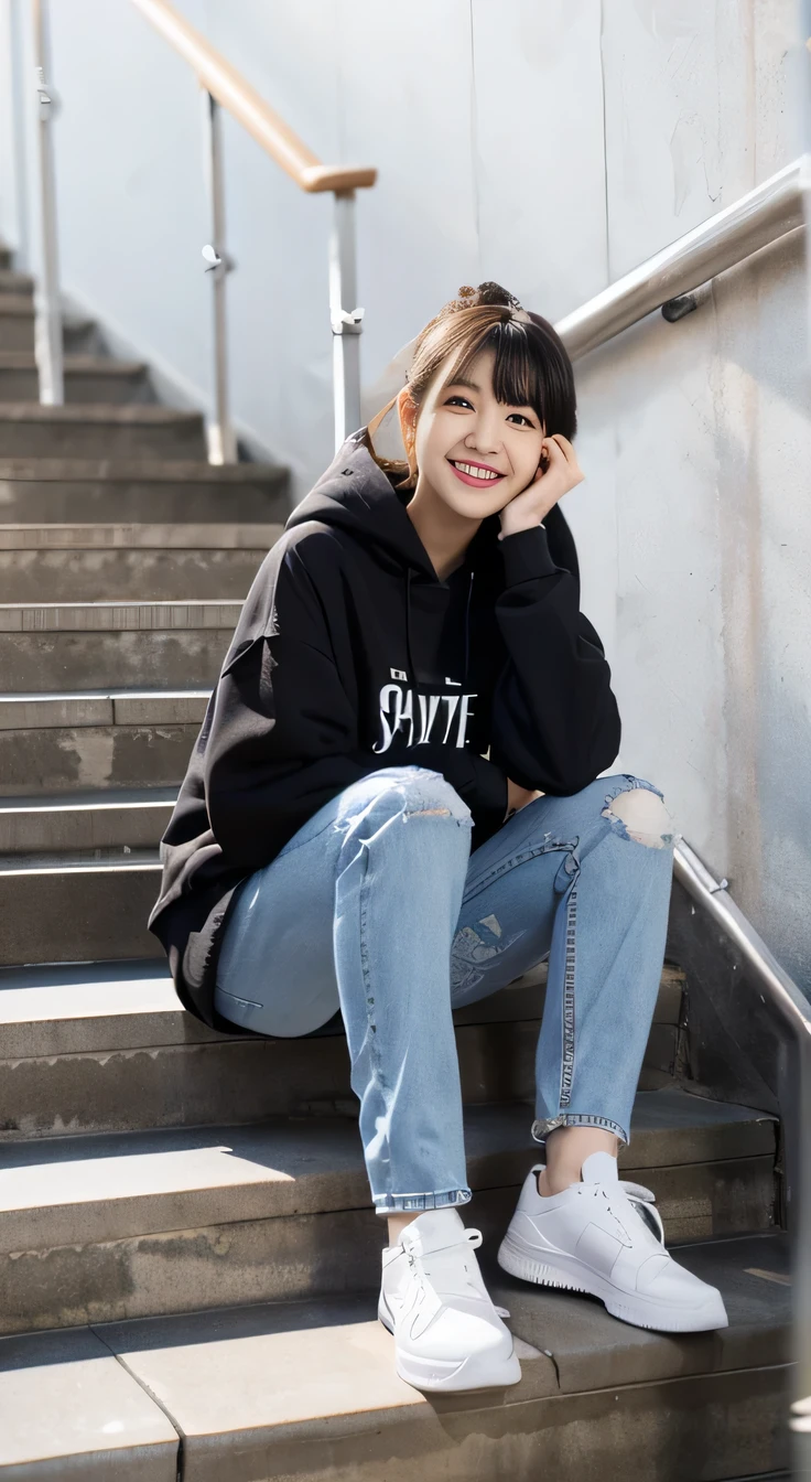 highest quality, Realistic, Very detailed, Finer details, High resolution, 8k wallpaper, One beautiful woman,Sit on the stairs、smile、(Black socks)、 Oversized hoodie, Skinny jeans,( Black sneakers)、Black Hair、 Beautiful Bangs、ear piercing、Perfect dynamic composition, Beautiful and detailed, Full Body Shot, A big smile waiting to start