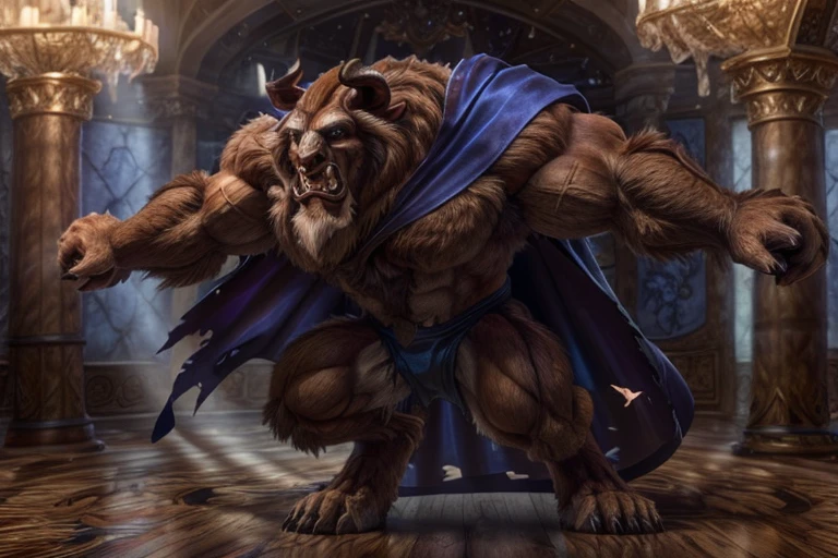 A photorealistic image of the Beast from the movie Beauty and the Beast, super muscular giant, with muscular arms, broad shoulders, giant and toned physique, bursting muscular veins, blue eyes, tail, super furry brown fur, horns facing backwards, roaring, barefoot, wearing a torn blue tuxedo, wearing a purple cape, in a ballroom, seen from the front