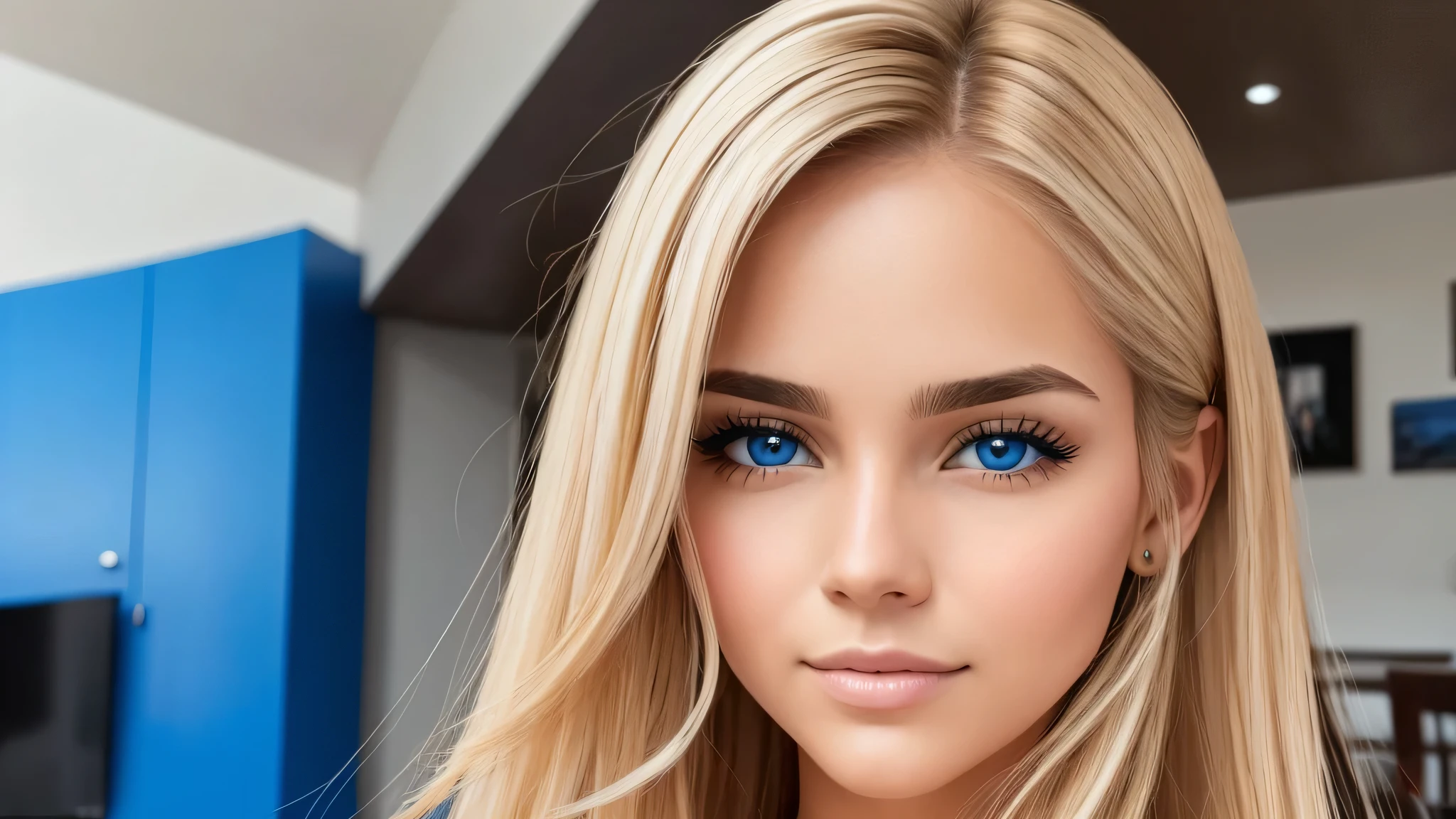 un primer plano de una mujer rubia con cabello largo y ojos azules