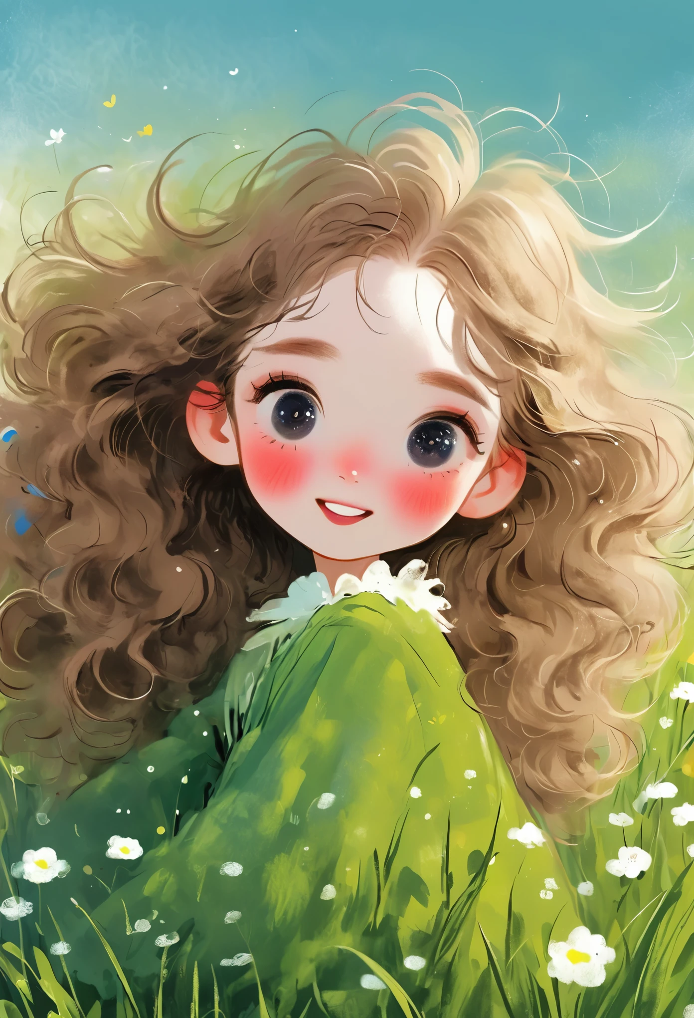 (masterpiece, best quality:1.2), 1 Girl, Solitary, big eyes,Fluffy hair, hapiness,happy,grassland,Rough texture,Hand-drawn style,