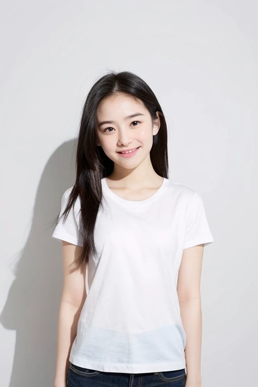Beautiful and cute, very young Japanese woman, inorganic Snow White background, natural skin, cute smile with closed mouth, long straight black hair, forehead visible, childish face, small build, short stature, white fitted T-shirt. Shirt, natural skin, standing tall, full body photo, serious and honor student atmosphere, correct posture, upper body