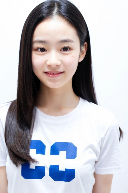 Beautiful and cute, very young Japanese woman, inorganic Snow White background, natural skin, cute smile with closed mouth, long straight black hair, forehead visible, childish face, small build, short stature, white fitted T-shirt. Shirt, natural skin, standing tall, full body photo, serious and honor student atmosphere, correct posture, upper body