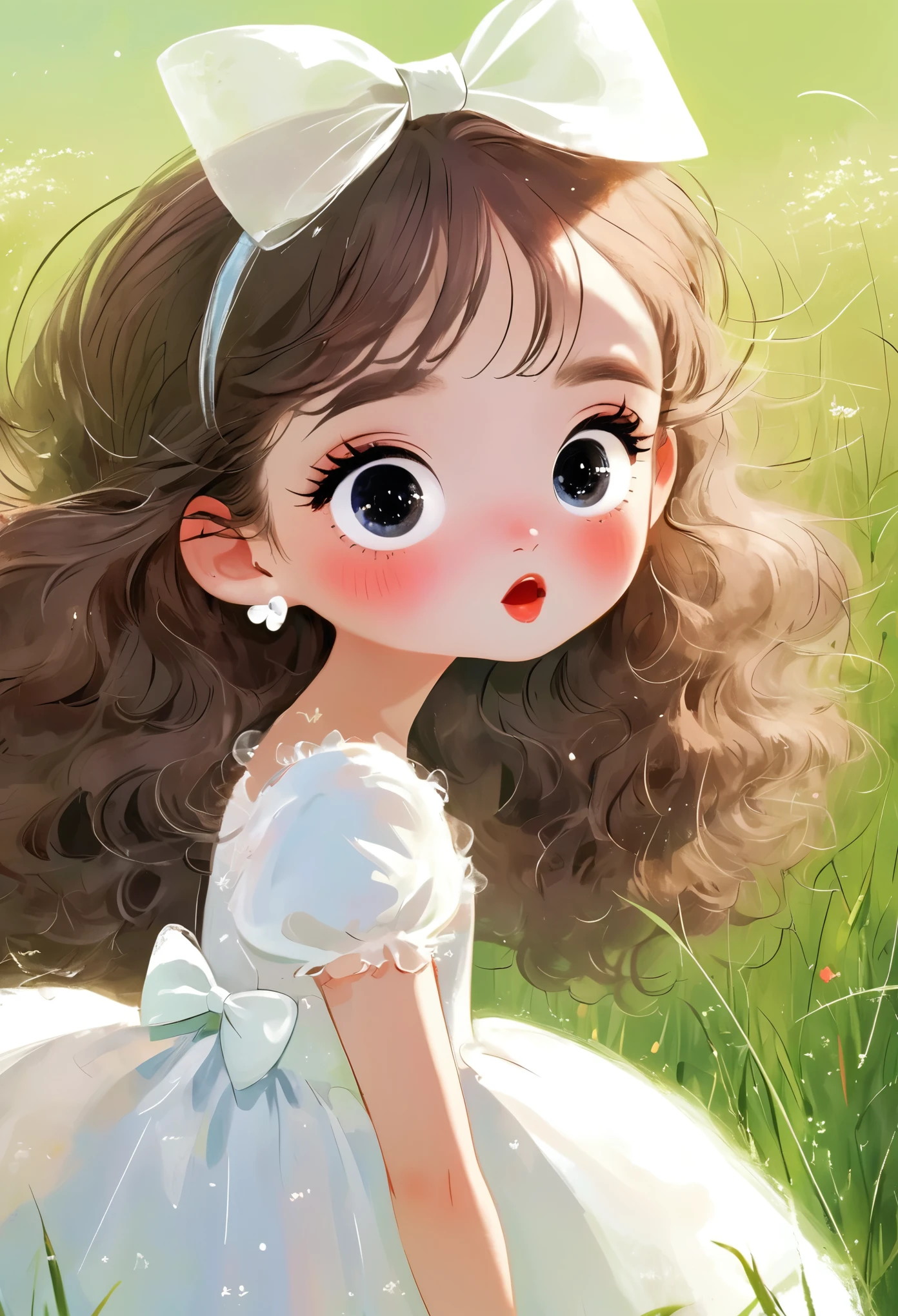 (masterpiece, best quality:1.2), 1 Girl, Solitary, big eyes，Fluffy hair， White Dress，Bow，hapiness，happy，grassland，Rough texture，Hand-drawn style，