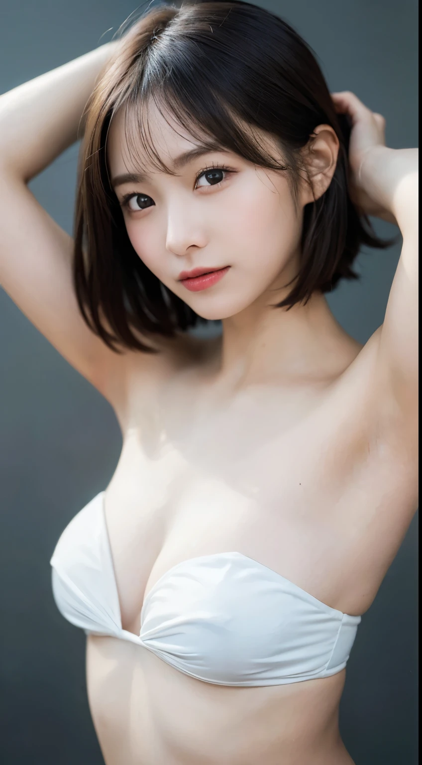 1 girl, (strapless micro bikini:1.2), Beautiful Japanese actresses, Solid yellow background、Shooting from the front、(Bare Armpits:1.4)、Random Pause, Mix 4, (8k, RAW Photos, highest quality, masterpiece: 1.45), (Realistic, Realistic: 1.37), One Girl, cute, Laughter, Professional Lighting, Plain,Photon Mapping, Radio City, Physically Based Rendering, Gradient Blonde Hair, Gray Hair, Very short hair,Gal,good looking, Small breasted girl:1.5,In underwear:1.4,highest qualityの写真, High resolution, 1080p, (Clear Face), (Detailed facial depiction), (Detailed description of the hand), (masterpiece), Vibrant, Extreme light and shadow, Messy Hair, masterpiece, Rich details, (Detailed facial features), (highest qualityの写真), (masterpiece), (Finely tuned), dual、Look in front of you, Thin clavicle,Simple white background