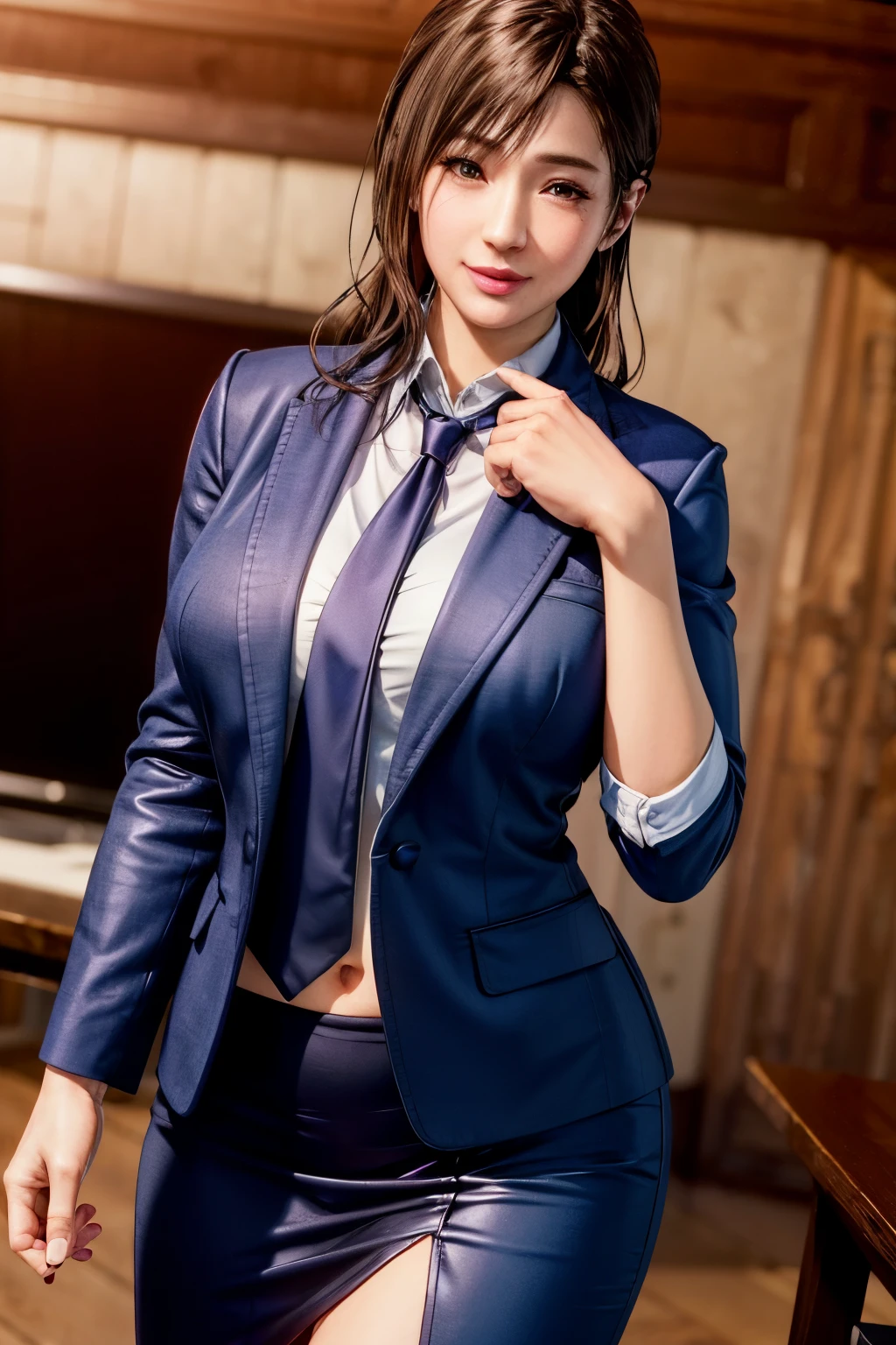 highest quality, Perfect Face, Complex, Beautiful views, Ultra-realistic 8K CG,Perfect artwork, 1 Female, Sayuri, Young face, Droopy eyes, Wink, smile, Throw kiss, alone, Female teacher-like appearance, Dark blue business suit, Light brown tie, Long pencil skirt, alone, Side lighting, Shallow and sharp depth of field, Realistic