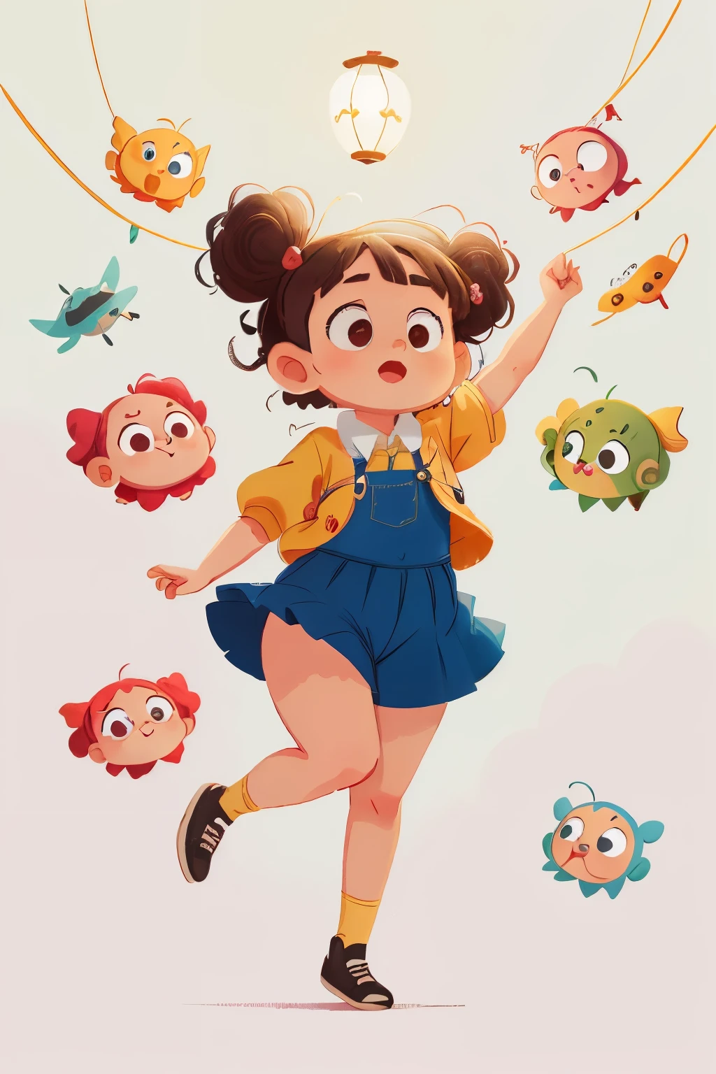 A charming young girl with large, expressive eyes, a diminutive cherry-red mouth, a plump, rosy face, cascading black curls, and an adorable yellow babydoll collar shirt, is gracefully soaring through the air, her arms outstretched in a flight pose. Her white suit pants and small black leather shoes add a playful contrast to her outfit. The backdrop is pristine white, lending a light and whimsical atmosphere to the scene, as if taken from a delightful cartoon.