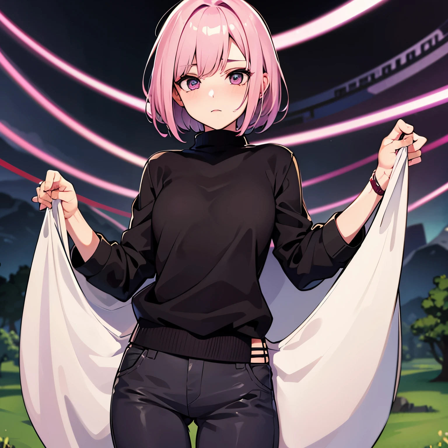 A fifteen year old girl with short pink hair, ojos verdes, a shy look with a pretty slim body blush. Mundo de boruto. La banda ninja de konoha en su cabello. Pantaloneta negra corta pegada con cinturones de arnes en sus muslos y una gargantilla negra con un aro blanco
