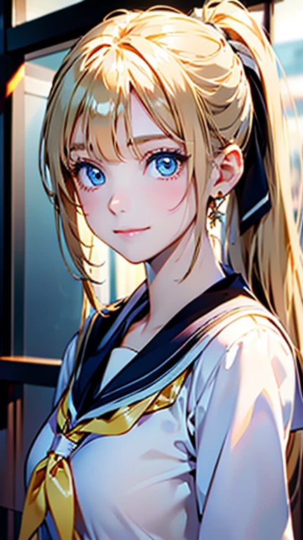 Best quality , masterpiece, Portrait、、Bright expression、ponytail、Young, shiny, white, glossy skin、Gloss Face、Shining Cheek Gloss、Small Face Beauty、The best beauty、The dazzling light of blonde hair、Bright blonde hair with dazzling highlights、Very beautiful shiny light blonde hair、super long silky straight hair、Her shiny, beautiful bangs are covering her eyes.、Sparkling, clear, attractive, bright, large, pale blue eyes、Very big eyes、eyeliner、very beautiful lovely cute 16 year old girl、Ample Bust, full body , smile , (((school uniform ))) ,