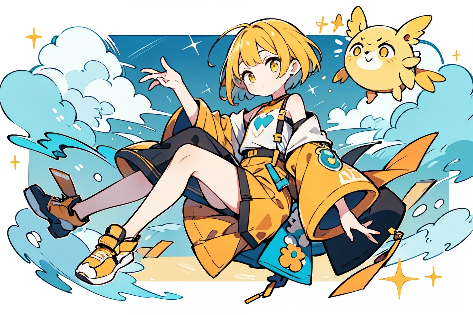 "Cute, cute, ((whole body, floating to the side))" A cute girl with yellow bob hair, yellow eyes, and a yellow-green, yellow, and orange color scheme. She wears clothes with clouds and sun motifs. Hip-hop fashion."[[[Body peels off in strange directions]]]