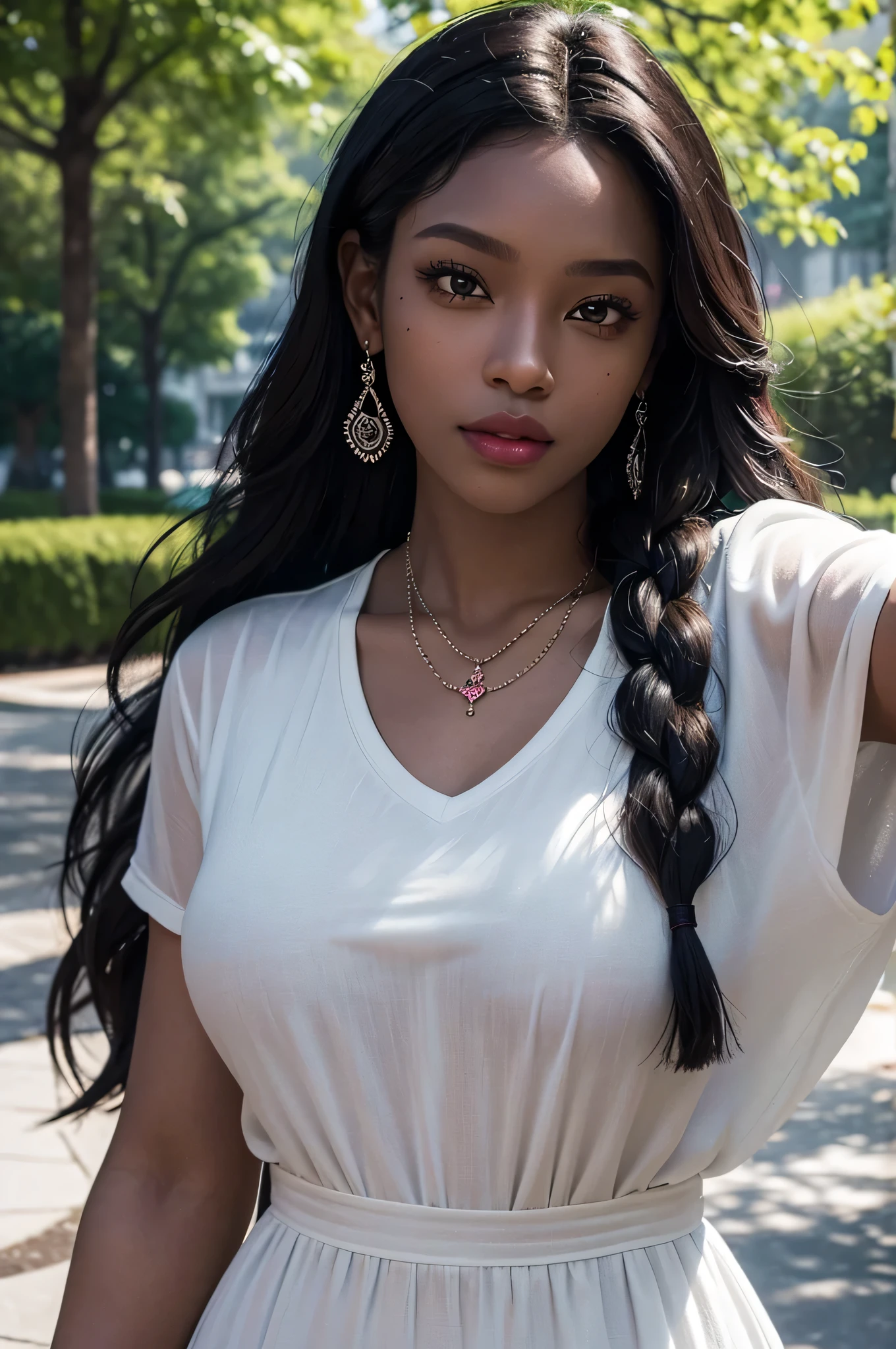 A black woman with dark skin is the main subject of the portrait. Her hair is styled in elaborate copper braided hair, shining beautifully. Her smooth skin is flawlessly highlighted, and she has a mole on her cheek that adds a touch of charm. She has luscious, juicy red lips that stand out. Her makeup gives her a stunning baddie look, enhancing her natural beauty. She is dressed in a stylish street outfit, reflecting her unique personality. Her body has an hourglass shape, making her figure alluring and voluptuous.

The woman wears black sunglasses that add an element of mystery to her appearance. She has a piercing, which adds an edgy and rebellious vibe. Additionally, she has angel fangs that peek out when she smiles, giving her an intriguing and ethereal quality. Her silver accessories, such as necklaces, bracelets, and rings, complement her overall look and add a touch of glamour.

The portrait is set in a park scenario. The lush greenery creates a serene and natural backdrop for the woman. The lighting is softly diffused, highlighting her features and creating a flattering atmosphere. The color palette is rich and vibrant, with warm tones that accentuate her dark skin and the overall mood of the portrait.

This prompt ensures the best quality, with a focus on ultra-detailed and realistic representation. The level of detail in the artwork will be akin to a masterpiece, with high resolution (4K, 8K) that captures every intricate element. The portrait will have a photorealistic touch, making it appear as if it were a photograph brought to life.

Overall, this prompt aims to create a powerful and captivating portrait of a black woman with a unique style and alluring features.