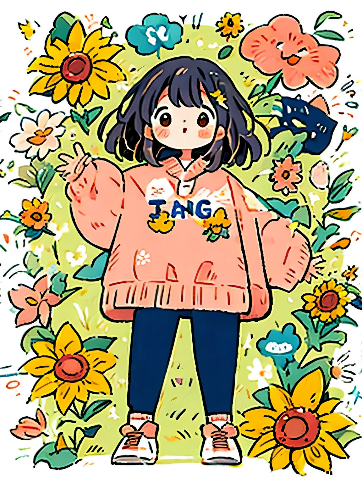 Momoko Sakura style, Kawaii Design, Chibi、funny, sunflower,