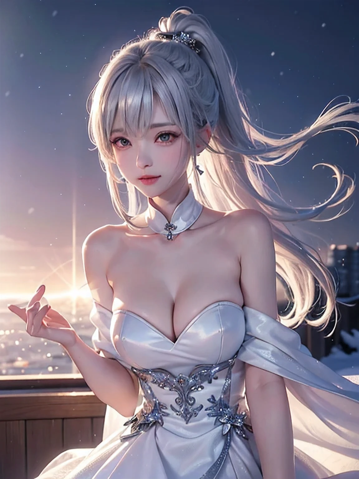 ((Image above the knee))((masterpiece:1.5、8k、Tabletop、Photorealistic and very detailed CG、Very detailed、Particle Effects、Dynamic Effects、Written boundary depth、Cinematic Light、Lens flare、Ray Tracing、Tabletop、Realistic:1.4、超A high resolution:1.2、Realistic、Realistic))((alone、Elegant woman posing:、Detailed face、Bright expression、young, Brighter, Whiter skin、Ample breasts、Best Looks、Ultimate beauty、Silver hair with shiny highlights、Bright shiny hair,、Super long, A ponytail hairstyle that is longer than your height、Hair dancing in the wind))(morning、The setting is a snow-covered urban station、Surrounded by winter illuminations)
