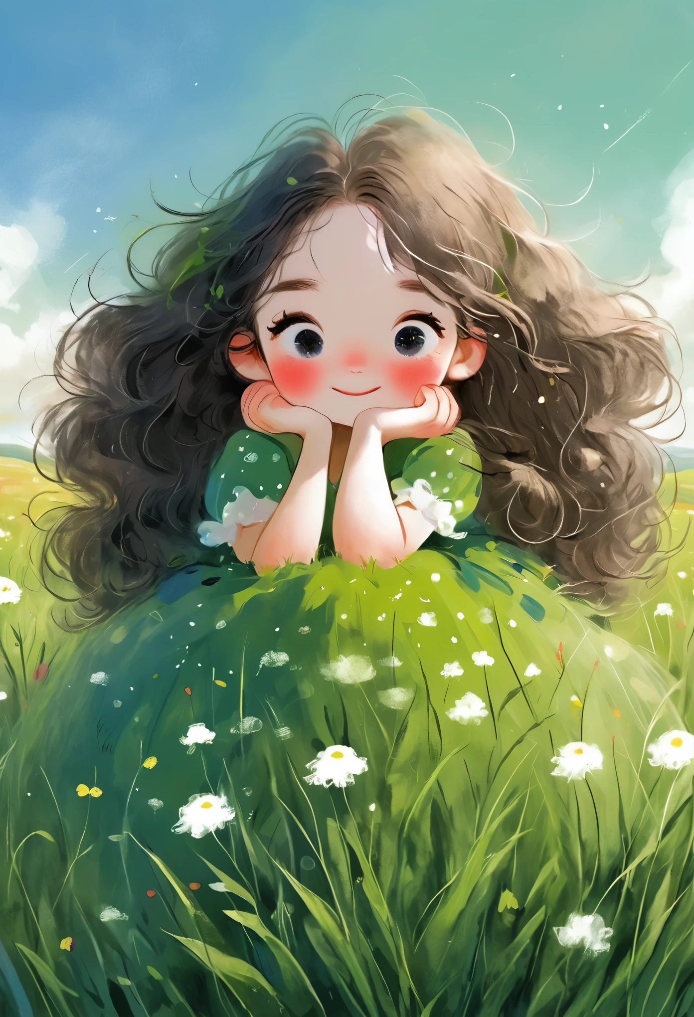 (masterpiece, best quality:1.2), 1 Girl, Solitary, big eyes，Fluffy hair， hapiness，happy，grassland，Rough texture，Hand-drawn style，