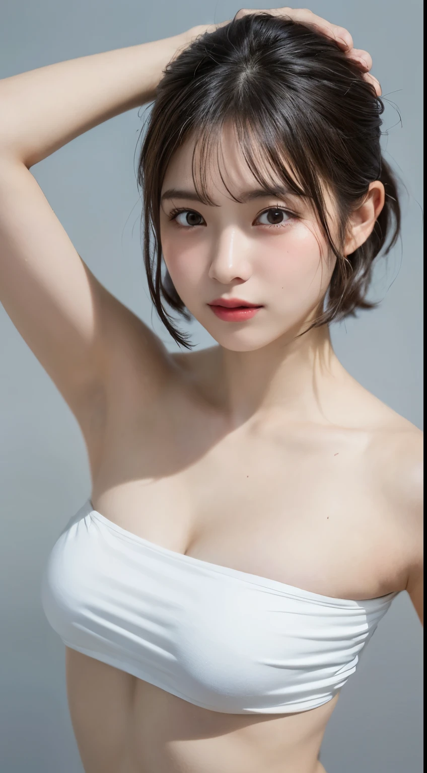 1 girl, (strapless micro bikini:1.2), Beautiful Japanese actresses, Solid yellow background、Shooting from the front、(Bare Armpits:1.4)、Random Pause, Mix 4, (8k, RAW Photos, highest quality, masterpiece: 1.45), (Realistic, Realistic: 1.37), One Girl, cute, Laughter, Professional Lighting, Plain,Photon Mapping, Radio City, Physically Based Rendering, Gradient Blonde Hair, Gray Hair, Very short hair,Gal,good looking, Small breasted girl:1.5,In underwear:1.4,highest qualityの写真, High resolution, 1080p, (Clear Face), (Detailed facial depiction), (Detailed description of the hand), (masterpiece), Vibrant, Extreme light and shadow, Messy Hair, masterpiece, Rich details, (Detailed facial features), (highest qualityの写真), (masterpiece), (Finely tuned), dual、Look in front of you, Thin clavicle,Simple white background