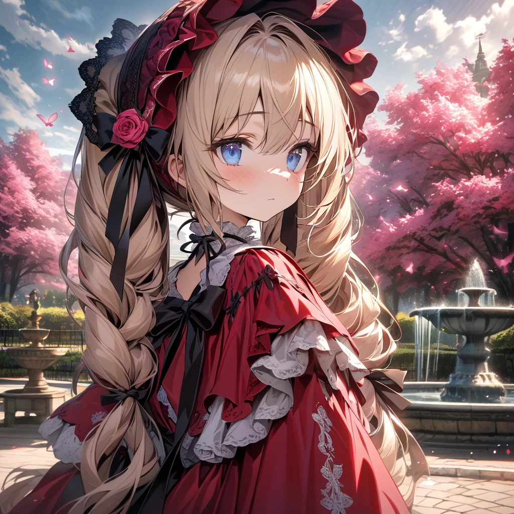 absurdres, highres, ultra detailed, HDR, master piece, ultra detailed picture, extremely detailed face and eyes, Shinku, light blonde hair kept in two long twin tails tied at the back of her head, expressive blue eyes, Rozen Maiden, solo, woman, extremely beautiful, pink flowers, park, fountain, pink trees, pink butterflies, she wears a red gown with a matching shawl and bonnet as accessories, her bonnet is fastened with a black ribbon, which is tied into a bow at her neck and held in place with a red rose brooch
