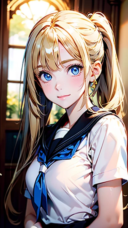 Best quality , masterpiece, Portrait、、Bright expression、ponytail、Young, shiny, white, glossy skin、Gloss Face、Shining Cheek Gloss、Small Face Beauty、The best beauty、The dazzling light of blonde hair、Bright blonde hair with dazzling highlights、Very beautiful shiny light blonde hair、super long silky straight hair、Her shiny, beautiful bangs are covering her eyes.、Sparkling, clear, attractive, bright, large, pale blue eyes、Very big eyes、eyeliner、very beautiful lovely cute girl、Ample Bust, full body , smile , (((school uniform ))) ,