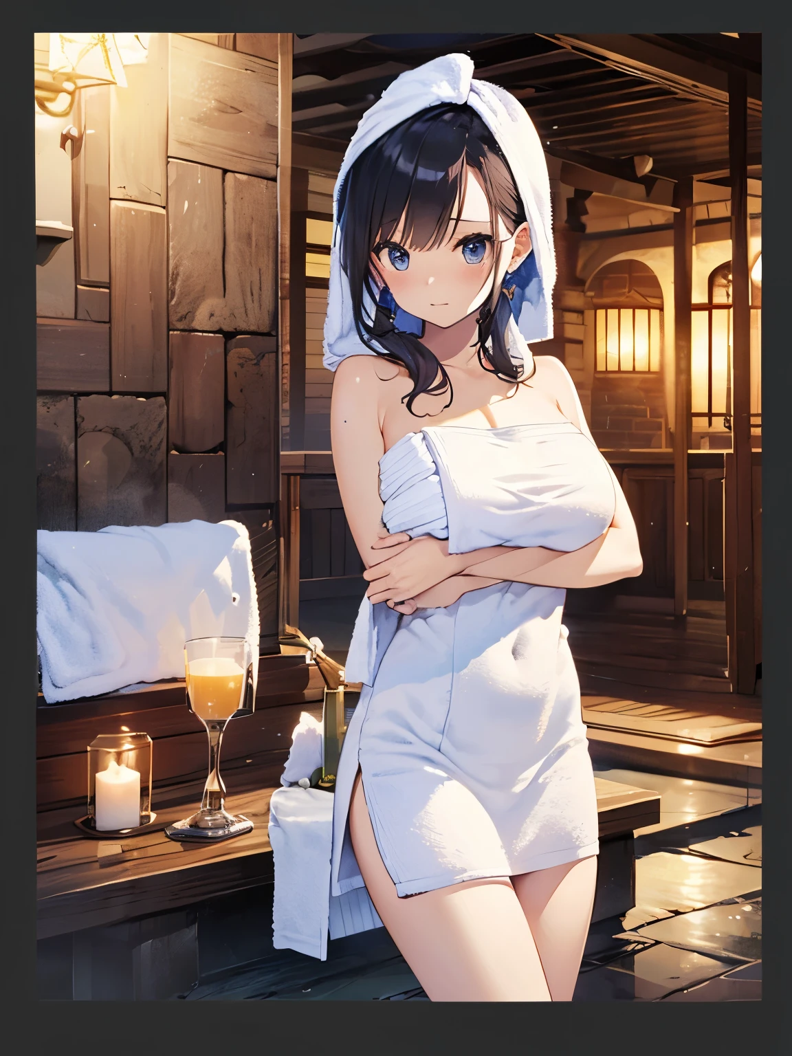 A group of women set in a medieval fantasy world、Dragon Quest、 (At the hot spring), Mr.々Hair style, Harem, night, Detailed aspect, Seduce, ((Transparent towel:1.5))、Huge Breasts、Big Ass、wide waist width、The nipples are erect、Angle from behind