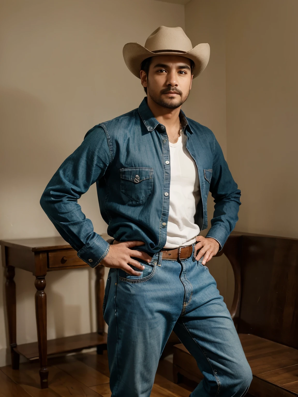 Hombre rubio claro con pantalones vaqueros, camisa de tirantes y zapatos