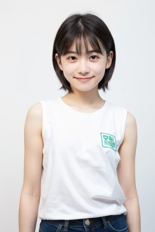 Beautiful and cute very young Japanese woman, inorganic Snow White background, natural skin, cute smile with closed mouth, very short short black hair, forehead visible, childish face, , short stature, white Fitted sleeveless T-shirt, natural skin, standing tall, full body photo, serious and honor student atmosphere, correct posture, upper body