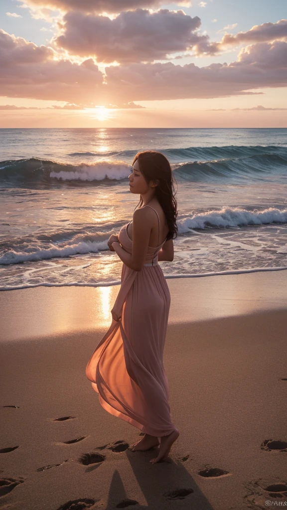 Scene of a woman sideways on the beach, looking over her shoulder at the camera. The diaphragm aperture is set to f/8, ensuring a depth of field wide enough to keep the woman and the scenery in focus, from forest trees to ocean waves. (Camera type: Professional high-resolution DSLR). Lens: High quality wide angle to capture the full breadth of the scene. Lens focal length: (Between 24mm and 35mm) to cover the entire landscape. Aperture: (Set to f/8 to ensure adequate depth of field). ISO: (Adjusted to 100 to minimize image noise). Shutter Speed: (Between 1/100 seconds to capture the subtle movement of the scene). White balance: Adjusted for the specific lighting conditions of the scene (such as direct sunlight or soft sunset light). Image exposure is carefully balanced to capture the full range of sunset tones, from soft pinks and oranges to bright golds and intense blues with ribbon lights in the sky. White balance is adjusted to ensure natural and accurate colors, preserving the beauty and serenity of the scene. Focus: Adjusted to ensure key elements in the scene are sharp and well-defined. Image Stabilization: Enabled to ensure sharp images, especially in low-light conditions or when there is movement in the scene.
