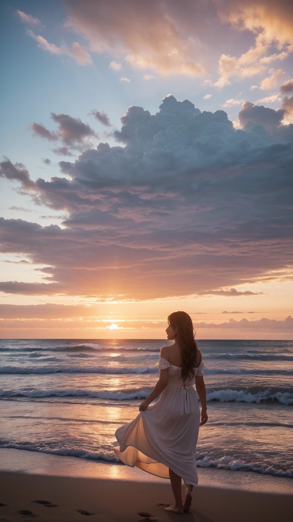 Scene of a woman sideways on the beach, looking over her shoulder at the camera. The diaphragm aperture is set to f/8, ensuring a depth of field wide enough to keep the woman and the scenery in focus, from forest trees to ocean waves. (Camera type: Professional high-resolution DSLR). Lens: High quality wide angle to capture the full breadth of the scene. Lens focal length: (Between 24mm and 35mm) to cover the entire landscape. Aperture: (Set to f/8 to ensure adequate depth of field). ISO: (Adjusted to 100 to minimize image noise). Shutter Speed: (Between 1/100 seconds to capture the subtle movement of the scene). White balance: Adjusted for the specific lighting conditions of the scene (such as direct sunlight or soft sunset light). Image exposure is carefully balanced to capture the full range of sunset tones, from soft pinks and oranges to bright golds and intense blues with ribbon lights in the sky. White balance is adjusted to ensure natural and accurate colors, preserving the beauty and serenity of the scene. Focus: Adjusted to ensure key elements in the scene are sharp and well-defined. Image Stabilization: Enabled to ensure sharp images, especially in low-light conditions or when there is movement in the scene.
