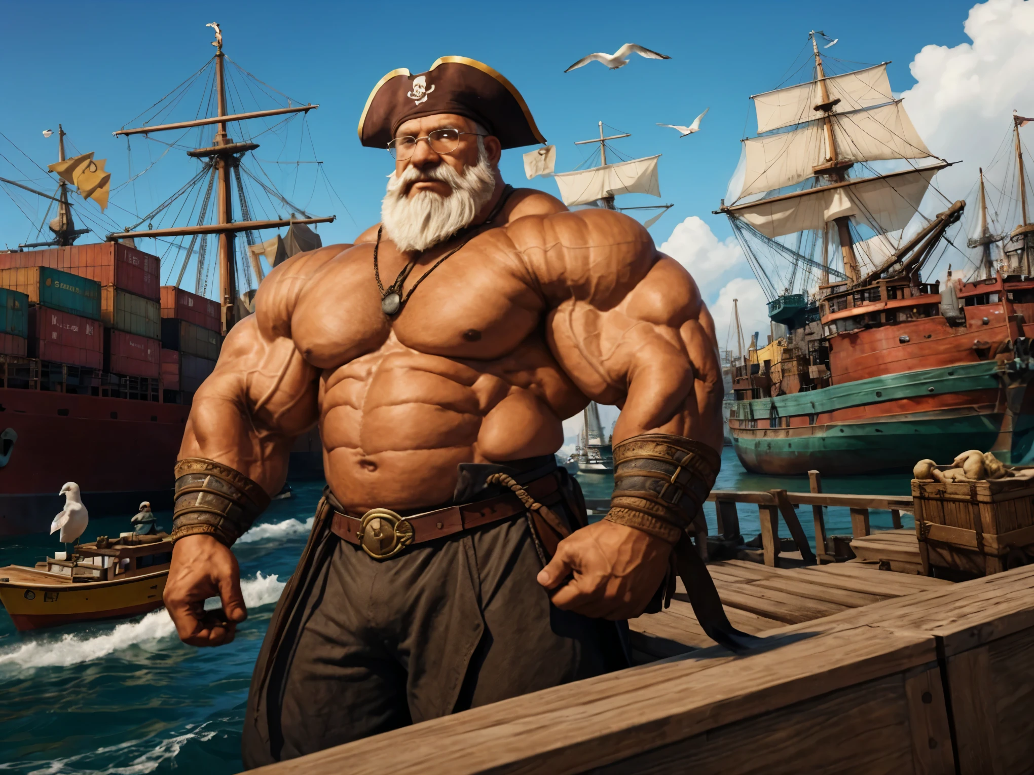 A solo, muscular boy with huge pectorals wearing glasses stands in a harbor. He is an old man with short white hair and a thick beard. The scene is full of pirates, creating an adventurous atmosphere. The artwork is a masterpiece, with high detail and resolution of 8k. The muscular boy's pectorals are particularly emphasized, showcasing his strength. The harbor is bustling with activity, with ships, crates, and seagulls in the background. The lighting is dramatic, highlighting the boy's strong physique. Overall, the image exudes a sense of power, adventure, and mastery.