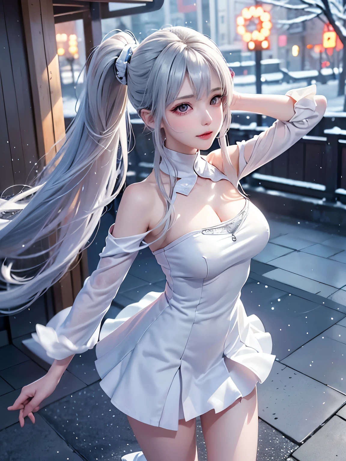 ((Image above the knee))((masterpiece:1.5、8k、Tabletop、フォトリアリスティックでVery detailedなCG、Very detailed、Particle Effects、Dynamic Effects、Written boundary depth、Cinematic Light、Lens flare、Ray Tracing、Tabletop、Realistic:1.4、超A high resolution:1.2、Realistic、Realistic))((alone、Warm clothes、Elegant woman posing、Detailed face、Bright expression、young, Brighter, Whiter skin、Ample breasts、Best Looks、Ultimate beauty、Silver hair with shiny highlights、Bright shiny hair,、Super long, A ponytail hairstyle that is longer than your height、Hair dancing in the wind))(morning、The setting is a snow-covered urban station、Surrounded by winter illuminations)