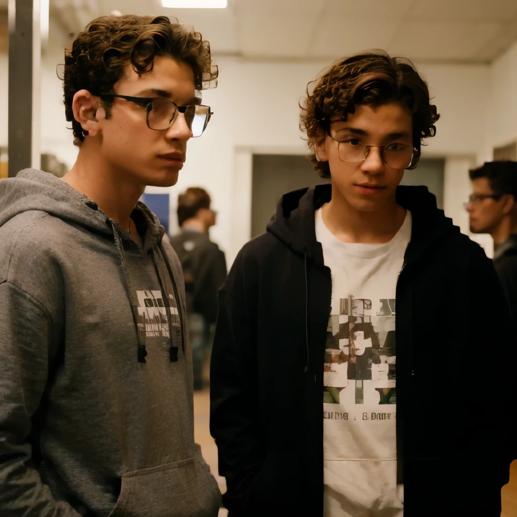 A cute couple of teenage boys, one is short with short wavy-curly hair, wears round glasses and earphones, and the other boy is taller, wavy-curly brown hair, wich hair is almost shoulder-lenght and wears square glasses and a black hoodie