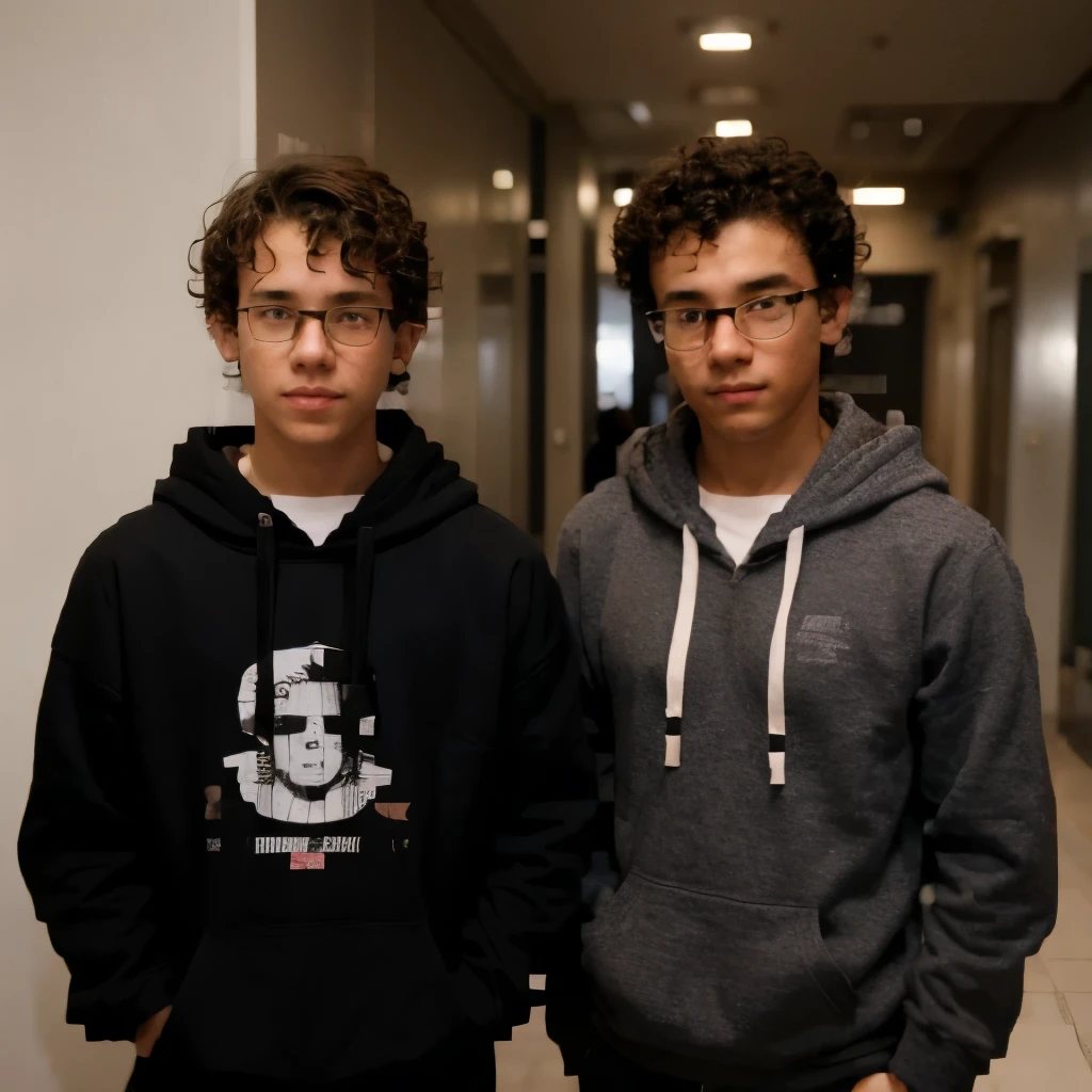 A cute couple of  boys, one is short with short wavy-curly hair, wears round glasses and earphones, and the other boy is taller, wavy-curly brown hair, wich hair is almost shoulder-lenght and wears square glasses and a black hoodie