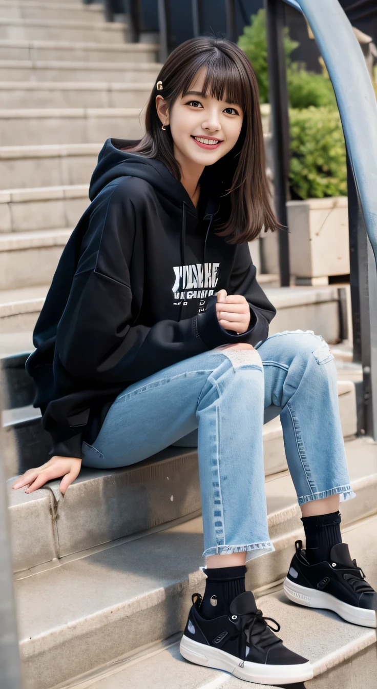 highest quality, Realistic, Very detailed, Finer details, High resolution, 8k wallpaper, One beautiful woman,Sit on the stairs、smile、(Black socks)、 Oversized hoodie, Skinny jeans,( Black sneakers)、Black Hair、 Beautiful Bangs、ear piercing、Perfect dynamic composition, Beautiful and detailed, Full Body Shot, A big smile waiting to start