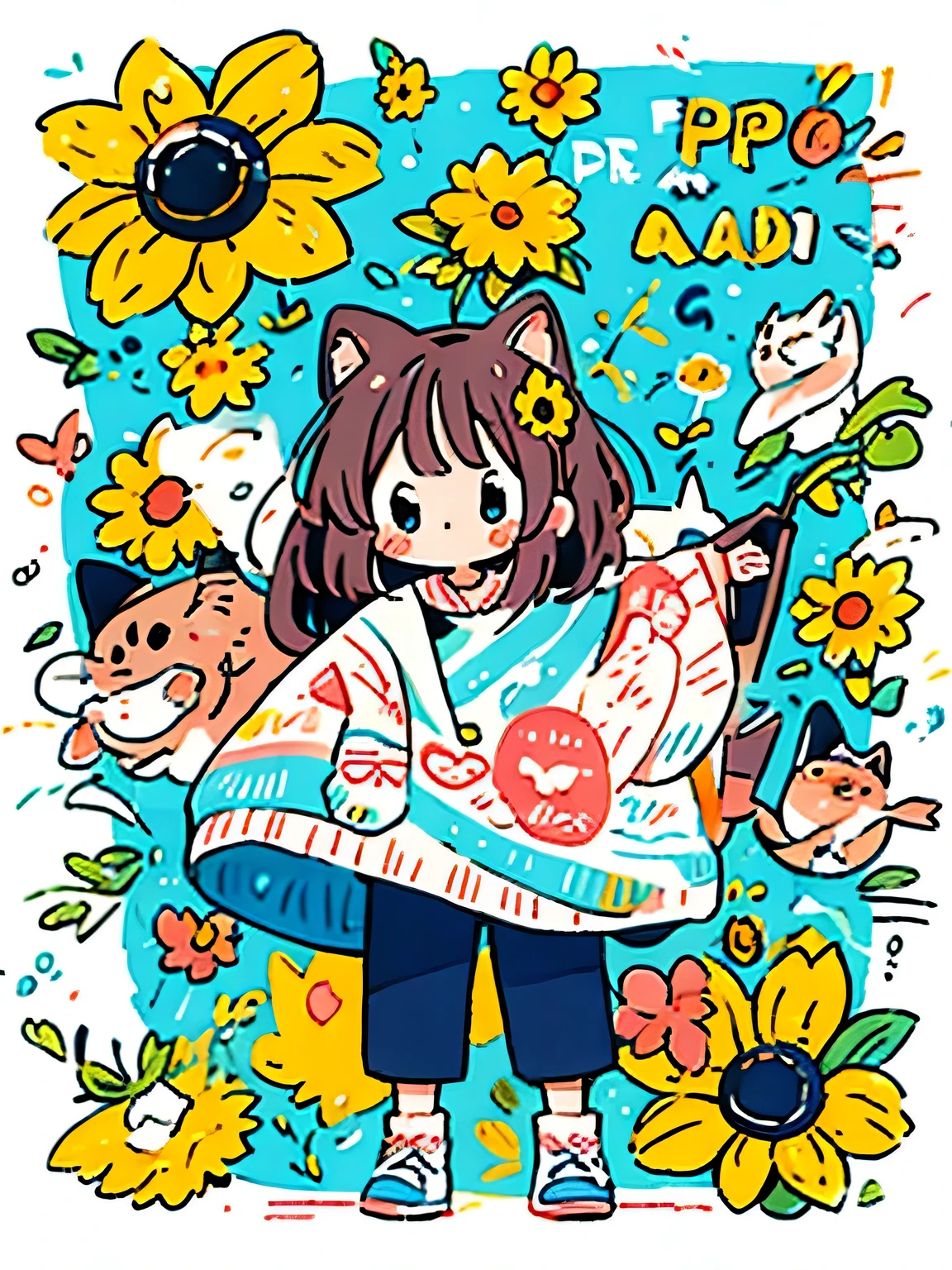 Momoko Sakura style, Kawaii Design, (((Chibi)))、Cute Alien、funny, sunflower,