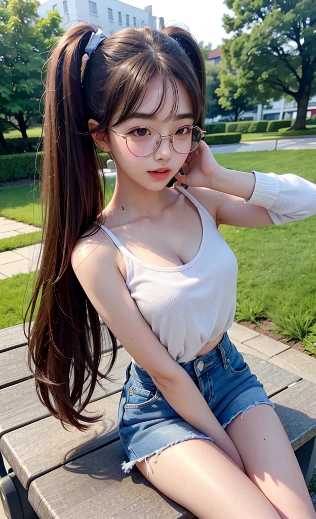 Masterpiece, perfect facial features, highly detailed face, highly detailed, 1 girl solo, 18 years old woman, shy, pink blushes, eye glasses, against the garden's park, sunset, dark skies, sitting on bench, twintails hair, hair bangs, white tank top with thin strap, cleavage, denim mini skirt, thighs, knees, 2 arms position on the back of the head,