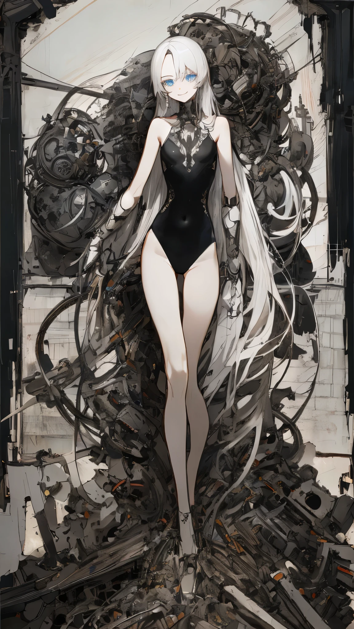 masterpiece， highest quality， Observe the audience， length Hair， Fresh， （Straight Hair：0.7），
Black Theme， （（（（Black Ruins，）））），Human whole body，Sheer leotard，Front view，blue eyes，Bright pupils，length, 真っ白なStraight Hair，Small breasts、A light smile，（Full Shot），Ultra-high resolution，Accurate，Very detailed，Awards，Attention to detail，highest quality，8k、High Leg、Mysterious、Quiet abandoned cityscape、mechanical、(Beautiful Abuscular、)beautiful girl、White skin