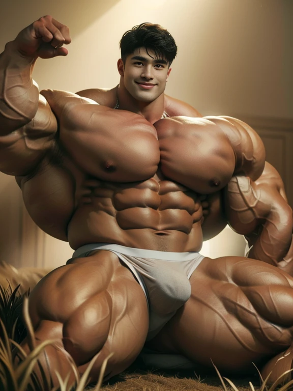 (best quality:1.5, hyperrealistic:1.5, photorealistic:1.4, madly detailed CG unity 8k wallpaper:1.5, masterpiece:1.3, enthusiastically detailed photo:1.2), (hyper-realistic lifelike texture:1.4), highly detailed, ((masterpiece, best quality)), ,extremely detailed 8K wallpaper, 1 corean male, (corean man with k-pop idol look), 20yo, handsome, detailed face, smaller head, heavy muscular, , stubble, underwear, prominent bulge, photo real, sunray light, big, brutalmass, giant, muscular body, bulk, massive body, large size, smile, large wheat field