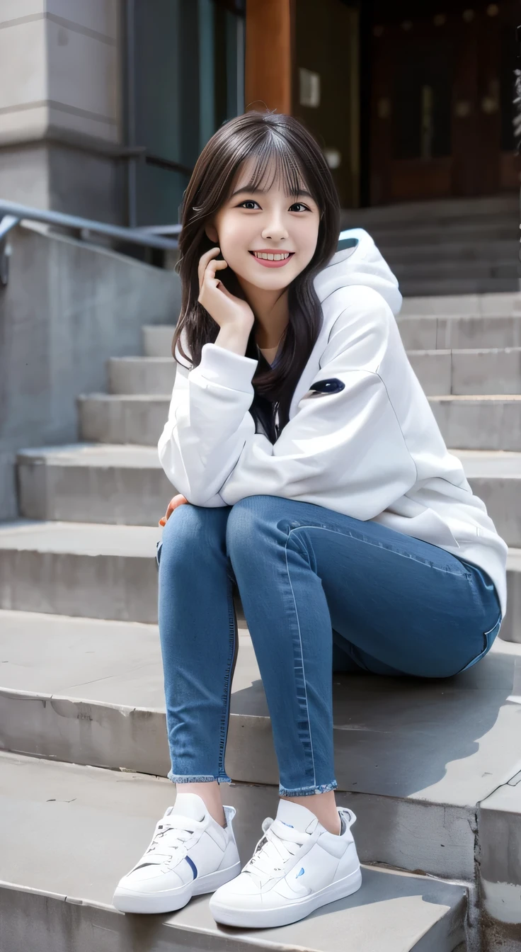 highest quality, Realistic, Very detailed, Finer details, High resolution, 8k wallpaper, One beautiful woman,Sit on the stairs、smile、(Black socks)、 Oversized hoodie, Skinny jeans,( Black sneakers)、Black Hair、 Beautiful Bangs、ear piercing、Perfect dynamic composition, Beautiful and detailed, Full Body Shot, A big smile waiting to start